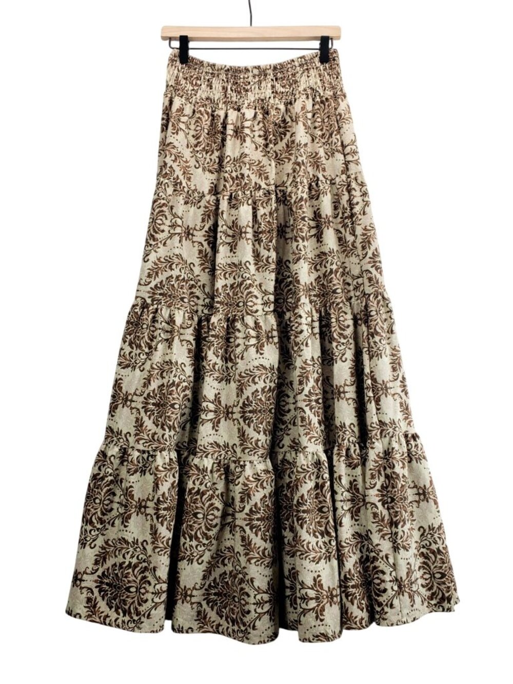 Maxi Boho Tiered Skirt M Shein Beige Brown Damask Print Smocked Elastic Waist - Picture 2 of 12